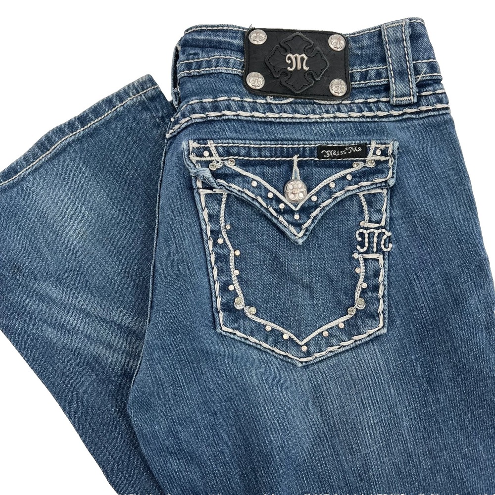 MISS ME Women's Sz 29x33 Easy Boot Cut Low-Rise Rhinestone Embroidered Y2K Jeans